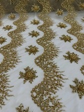 Gold Beaded Lace Fabric Luxury Pearl Sequin Embroidered Bridal Mesh