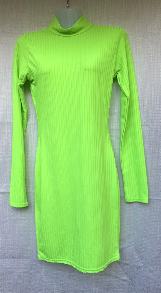 Neon Green Ribbed Bodycon Dress Long Sleeve Mock Neck Stretchy Mini Party