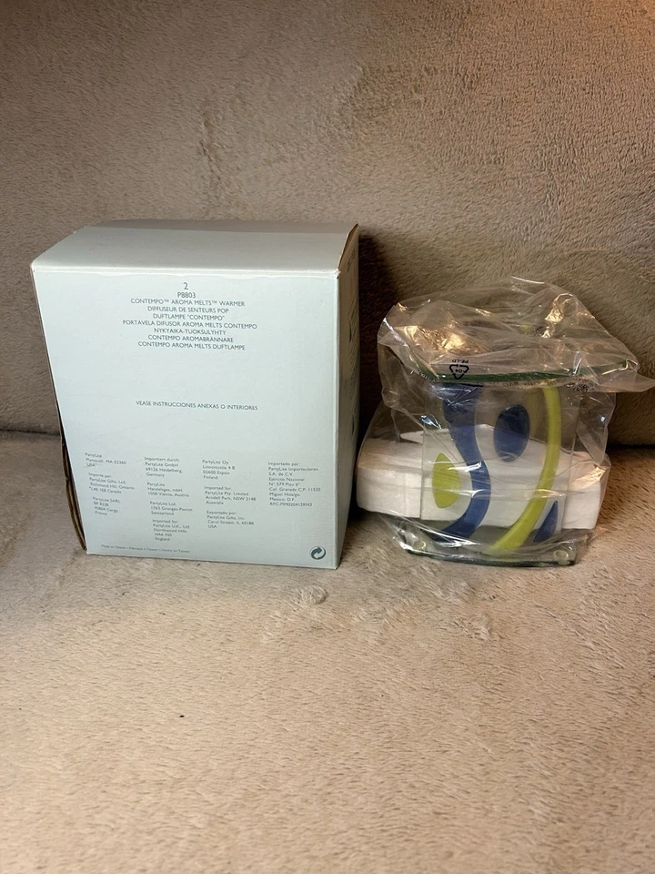 Aquecedor de cera Partylite Contempo derrete nova caixa aberta design abstrato azul e verde - Imagem 2 de 4