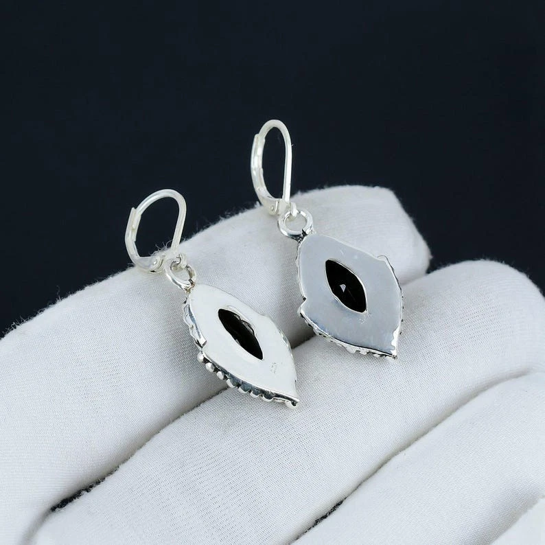 925 Sterling Silver Black Spinel Gemstone Handmade Jewelry Earring Size-1" - Image 4 of 4