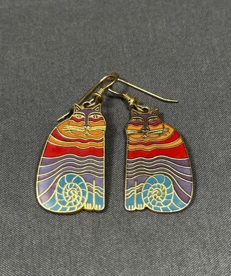 Vintage Laurel Burch ''Rainbow Cat '' HTF Enamel 14k Gold Plated Hook Earrings