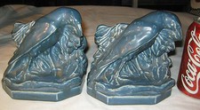 ANTIQUE McDONALD SEA BLUE ROOKWOOD ROOK BIRD RAVEN STATUE ART POTTERY BOOKENDS