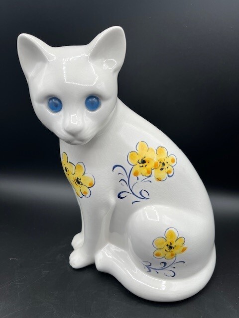 Cat Figurine w/ Blue Eyes Hand Painted Elpa Alcobaca Portugal 10.5