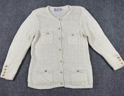 Vintage Tally Ho Large Ivory Off White Gold button Christmas Cardigan Sweater *