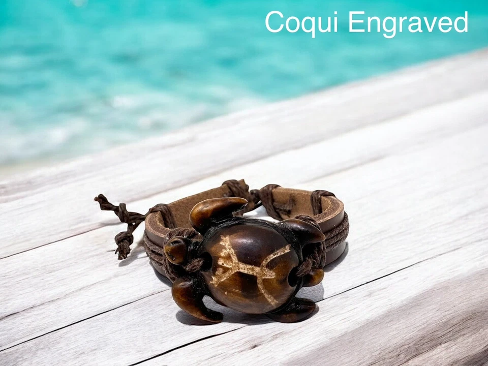 Pulsera Tortuga Coqui Taína Hecha a Mano - Cuero Marrón, Ajustable 6-9 Pulgadas Foto 2 de 4