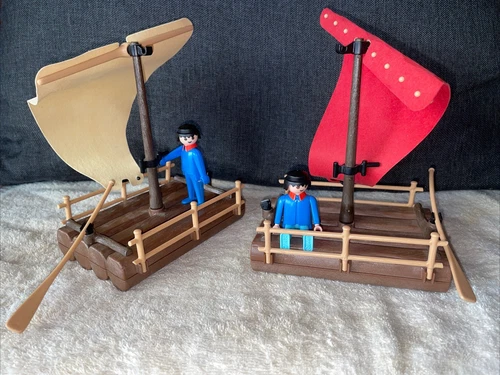 Vintage Playmobil Log Wood Raft Sail Figures Oars 1990 RARE