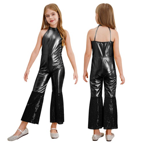 AU Kids Girls Shiny Long Jumpsuit Sleeveless Bell Flared Unitard Disco Dancewear - Picture 28 of 76