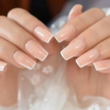 Press On Nails Nude White Rim Square Natural Modern French unique border trendy