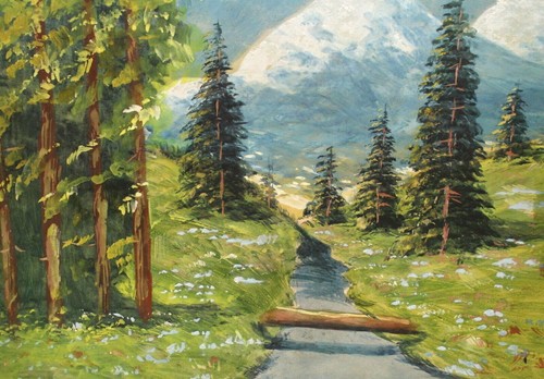 Antico quadro realista a guazzo paesaggio di una foresta fiume ponte in legno - Foto 9 di 12