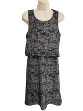 woman’s Everly dress medium blue gold shimmer layered sleeveless shift dress