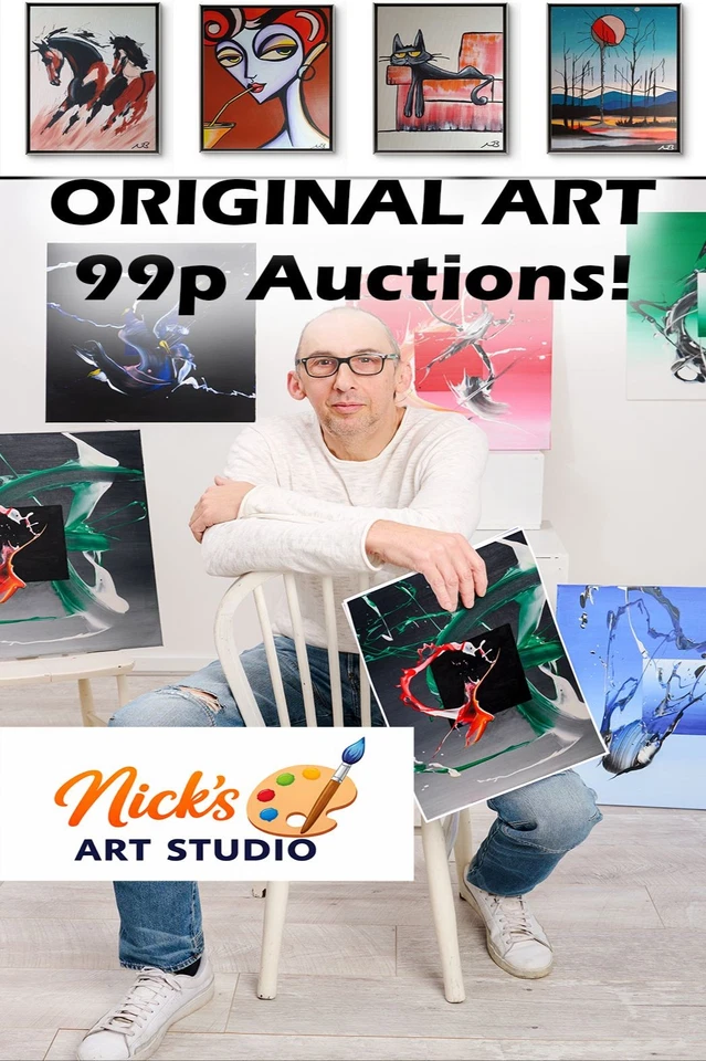 ORIGINAL PAINTINGS AUCTION 99P STARTS CANVASES HAND PAINTED ACRYLIC WORKS