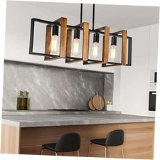 Farmhouse Kitchen Island Lighting, 31.5" Adjustable 4 Light Black Natural Wood