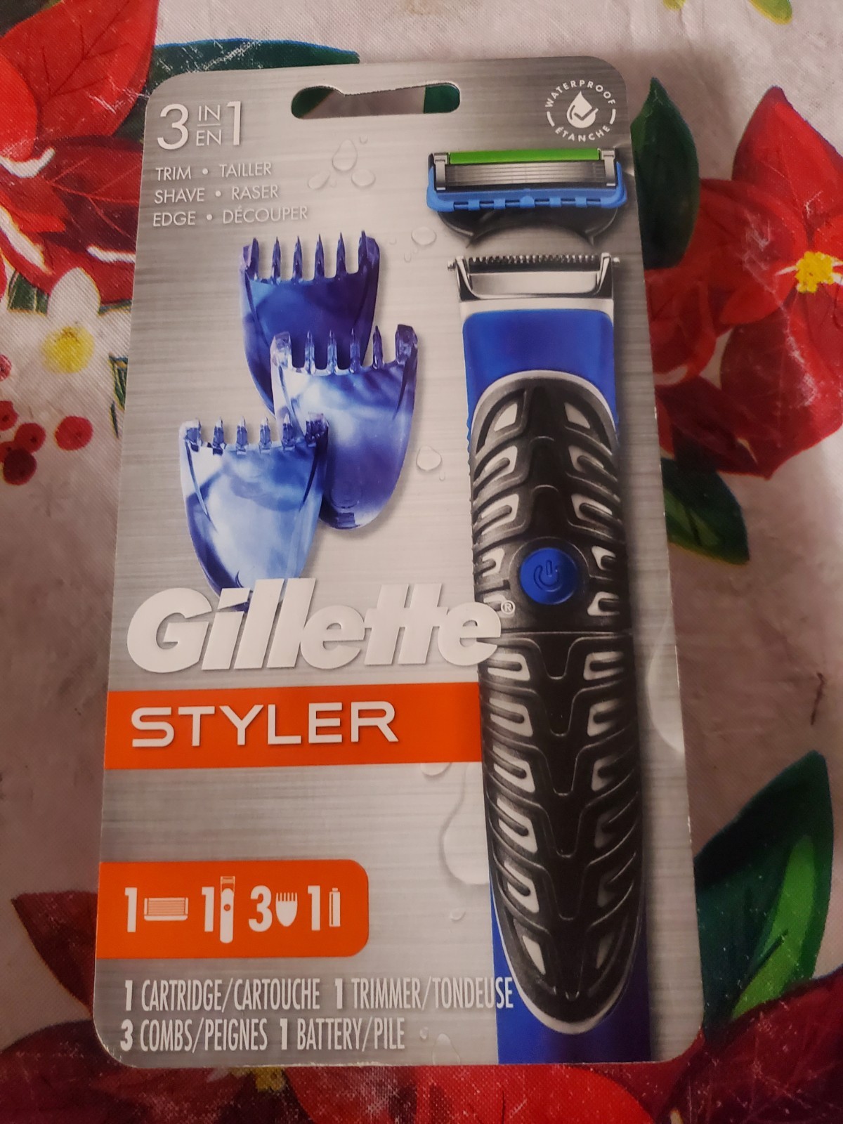 Gillette Styler 3-in-1 Waterproof Beard Trimmer, 3 Heads, Black Blue, Battery