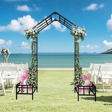 W68-94" Wedding Gate Metal Garden Arch w Plant Box Iron Trellis Plants Climbing