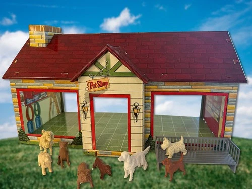 New ListingMarx Tin Dollhouse Vtg Pet Shop, 8 Original Dogs Bench Accessories Playset 50s