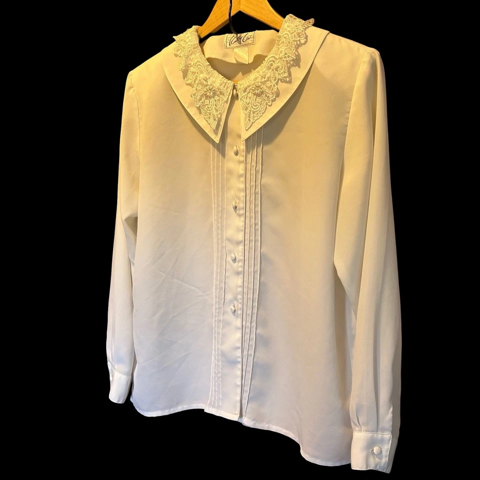 Винтажная блузка на пуговицах Kathy Che плиссированная кружевная с вышивкой жемчугом изящный размер средний - Изображение 2 из 4