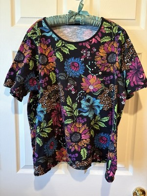 Westbound Woman 2X Top Short Sleeve Black with Multi-color Floral