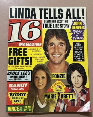 Vtg 16 Magazine 1974 December Linda Blair Bruce Lee Marie Osmond Fonzie Alice