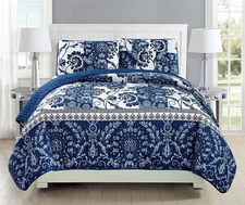 3pc Quilted Bedspread Set Coverlet Over Size New King/California King Navy Blu