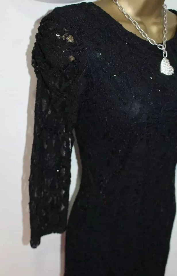 Black Sequin Lace Bodycon Dress Size 10 Xmas Party Evening 3/4 Sleeve Low Back - Image 4 of 4