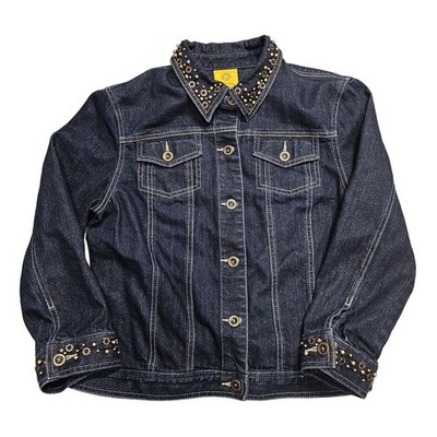 Ruby Rd Dark Wash Denim Jacket Sz 8 Beaded Embellished All Over Gold Sparkle