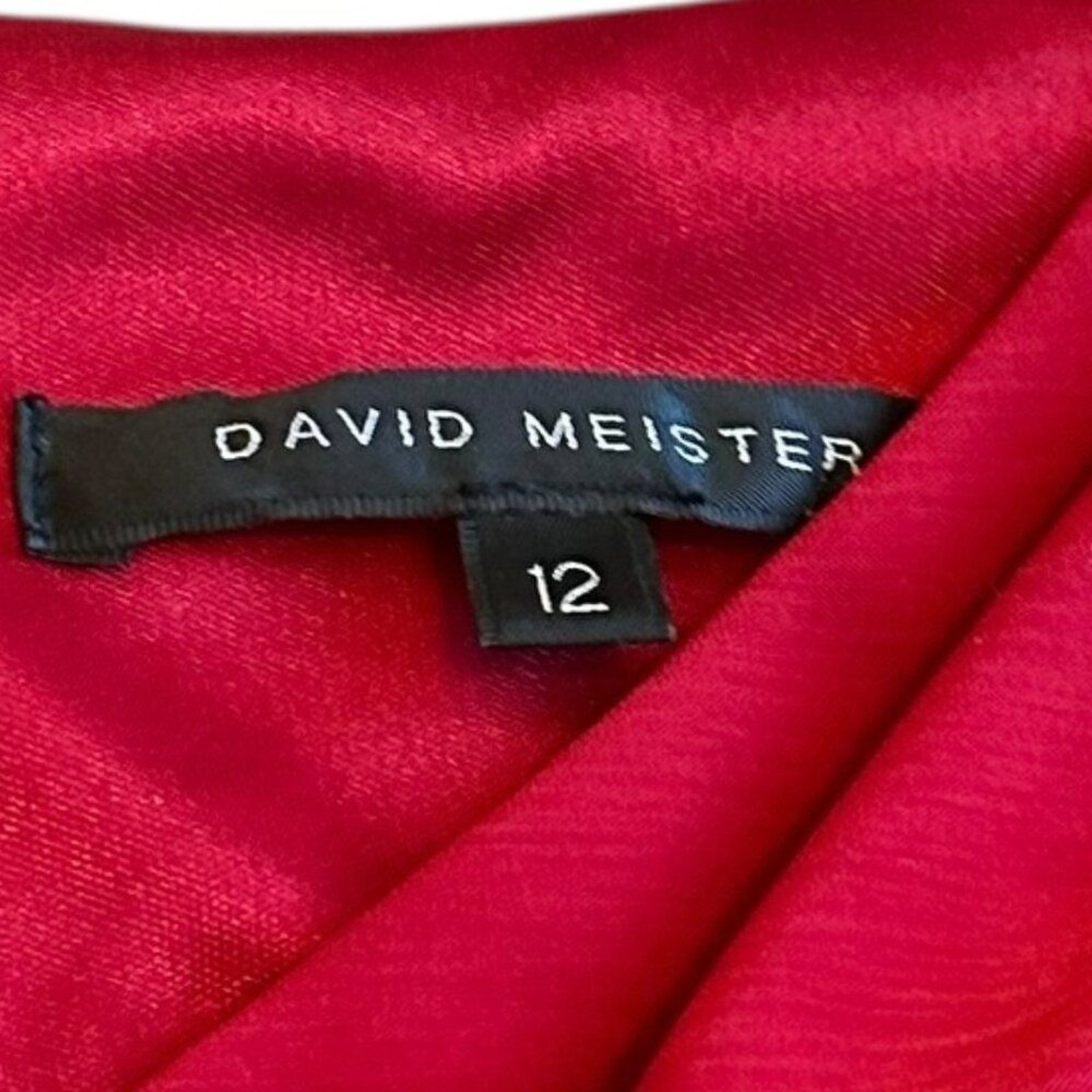 David Meister Red Knee Length Stretch Dress Gathered Waist Fitted Size 12 Womens