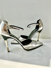 Vintage GUCCI Silver Metallic Pointed-Toe Ankle Strap Heel EU 37 Italy