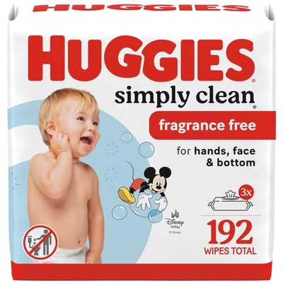 Huggies Simply Clean Unscented Baby Diaper Wipes, 3 Flip-Top Packs (192 Wipes To