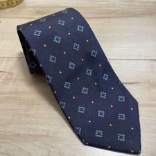 Drake's Neck Tie Navy Blue Yellow Geometric 100% Cashmere Handmade in England