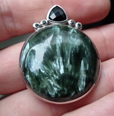 Seraphinite & Black Onyx 925 Silver Pendant - Exclusive Design, Gemstone