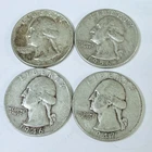 Washington Quarters, LOT OF 4 - 90% Silver 1932 - 1964, Circulated Coins #8687