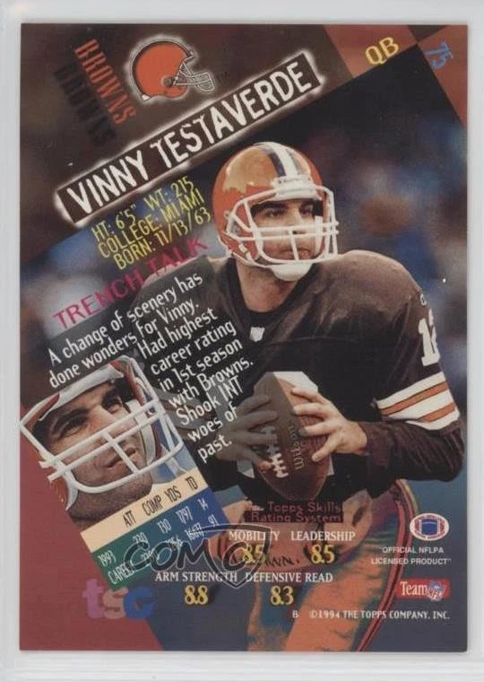 1994 Topps Stadium Club Super Bowl XXIX Embossing Vinny Testaverde #75 - Image 2 of 2
