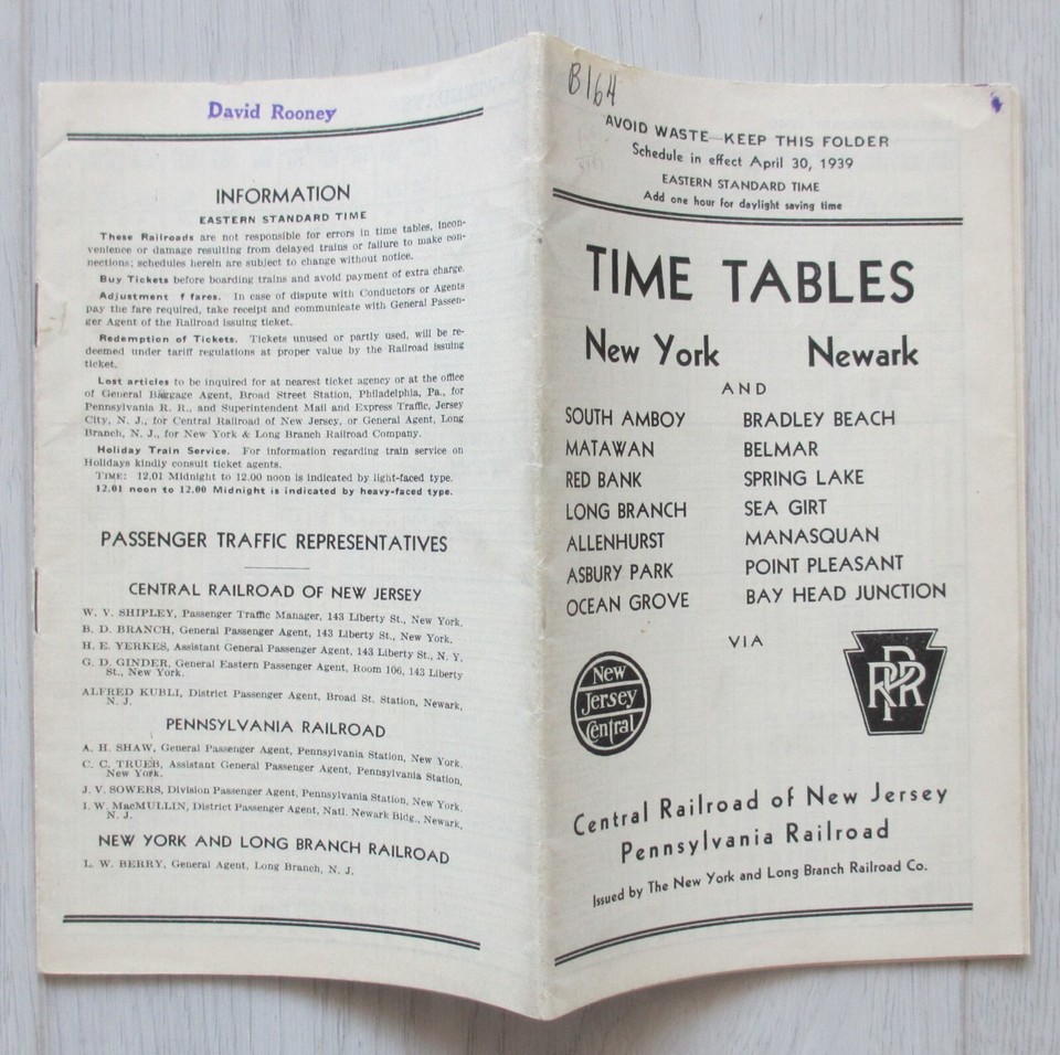 Vintage 1939 Central Railroad of New Jersey CNJ PRR Timetable New York
