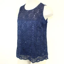 Catherines Plus Navy Blue Lace Sequin Sleeveless Top Blouse Tank 16