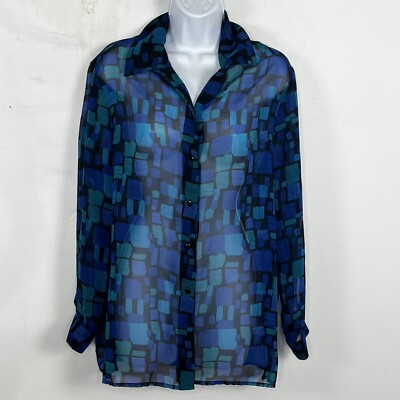 Notations Blue Green Abstract Blouse Sz S Button Front Geometric Artcore VINTAGE