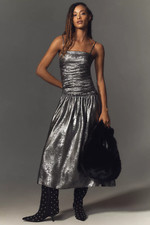 NWT ANTHROPOLOGIE LA MAISE STUDIO RUCHED DROP-WAIST FOIL MIDI DRESS- SIZE SMALL