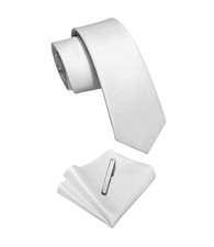 Skinny Tie and Pocket Square Tie Clip Sets for Men Satin Slim Neckties White