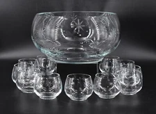 VTG Etched Atomic Starbust Design Clear Glass Punch Bowl and 11 Roly Poly Cups