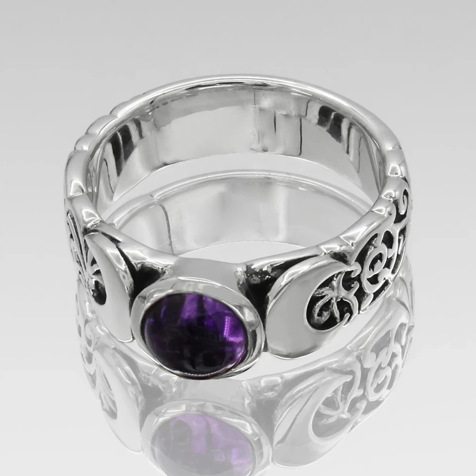 Anel Hécate Ametista - Joia de deusa lua tripla wicca prata esterlina - Imagem 3 de 4