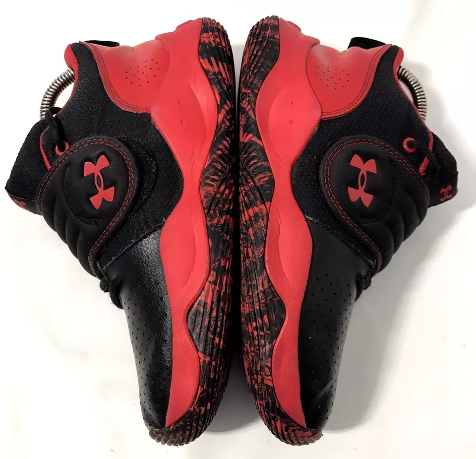 Under Armour Sz 5.5 Youth Boys Red Black Leather Athletic Mid Top Shoes - Image 3 of 4