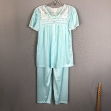 Vintage Texsheen Pajamas Womens SMall Blue Nylon Silky Feminine Lace Trim Retro