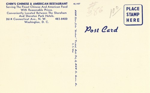 Interior, Chin's Chinese & American Restaurant - Washington, D.C. Postcard - Picture 2 of 2