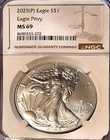 2025 (P) $1 American Silver Eagle First Eagle Privy NGC MS69