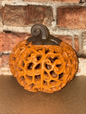 Orange Resin Filigree Pumpkin, 5.5 inches tall, Elegant Fall Decor Item