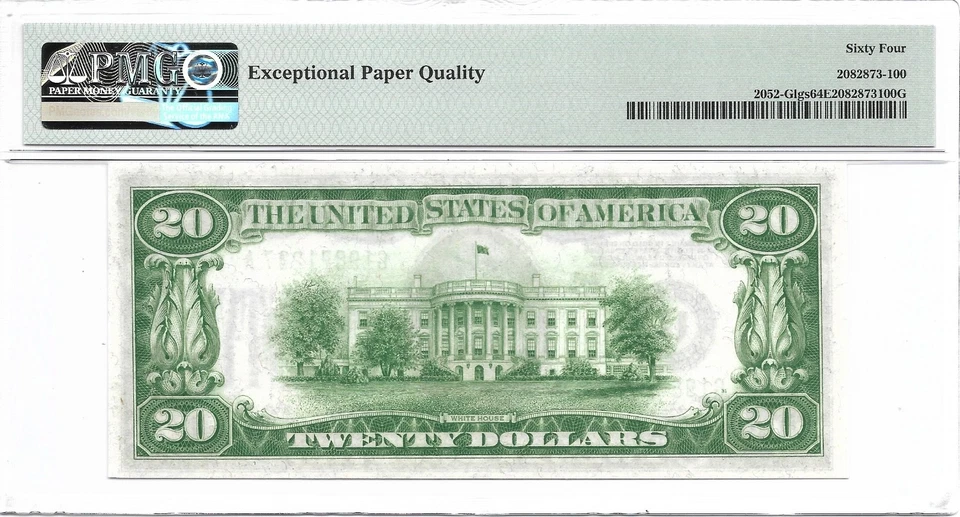 1928B $20 CHICAGO FRN. PMG Choice Uncirculated 64 EPQ Banknote. LIGHT GREEN Seal - Image 2 of 2