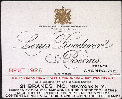 Louis Roederer Brut 1928 France Champagne 21 Brands New York NY Label 3.5x4.5''