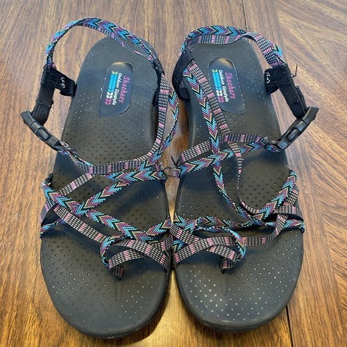Skechers Sz 11 Women’s Reggae Loopy Blue Pink Strappy Toe Loop Sport Sandals - Picture 8 of 8