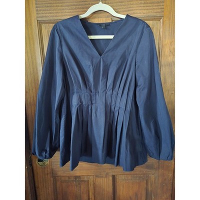 COS Navy Blue Pleated V-Neck Cotton Blouse Long Sleeve Top Womens Size 8