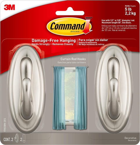 Command Curtain Rod Hooks, Large, Brushed Nickel, 2-Hooks, 2-Strips, 2-Pack, Dec - Picture 11 of 12