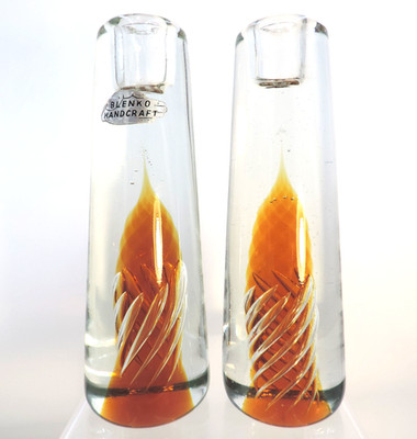 Pair Vintage Blenko Handcraft Joel Philip Myers 7'' Amber Twist Glass Candlestick